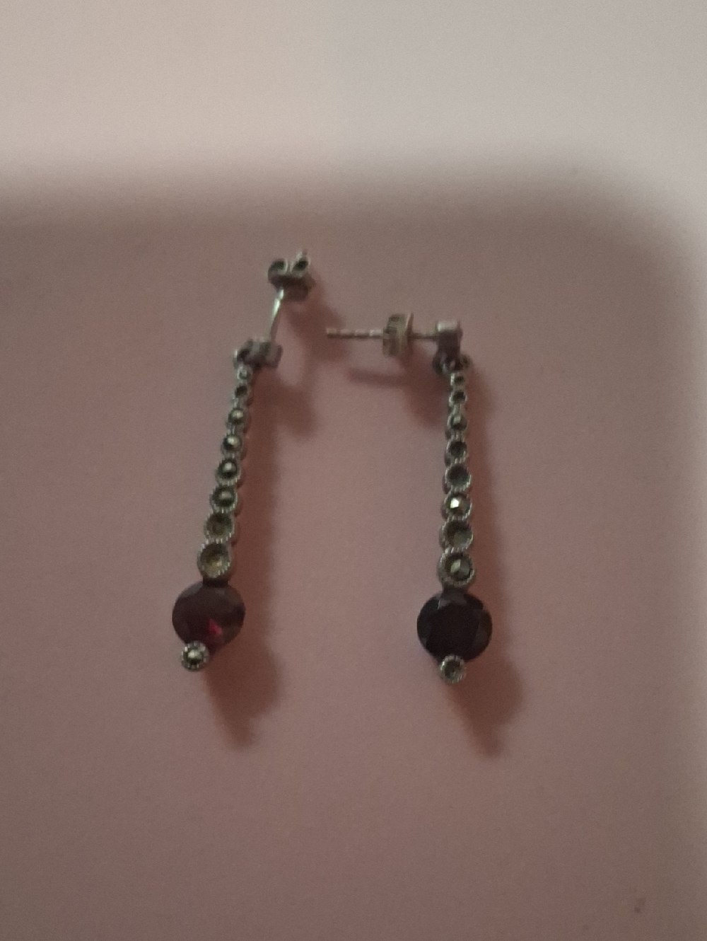 Silver Drop Marcasite Earrings with Garnet Stones